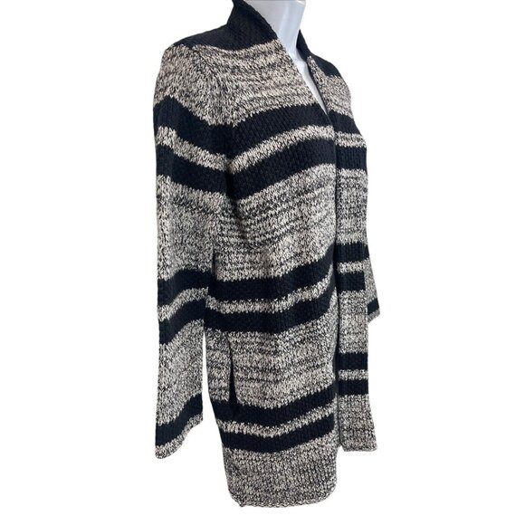 Ann Taylor LOFT Black White Stripes Long Open Cardigan Thick Sweater Medium M - Picture 1 of 8